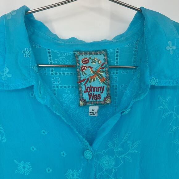 Johnny Was NYX Button Down Embroidered Eyelet Shirt Light Blue Size Medium - Picture 3 of 12